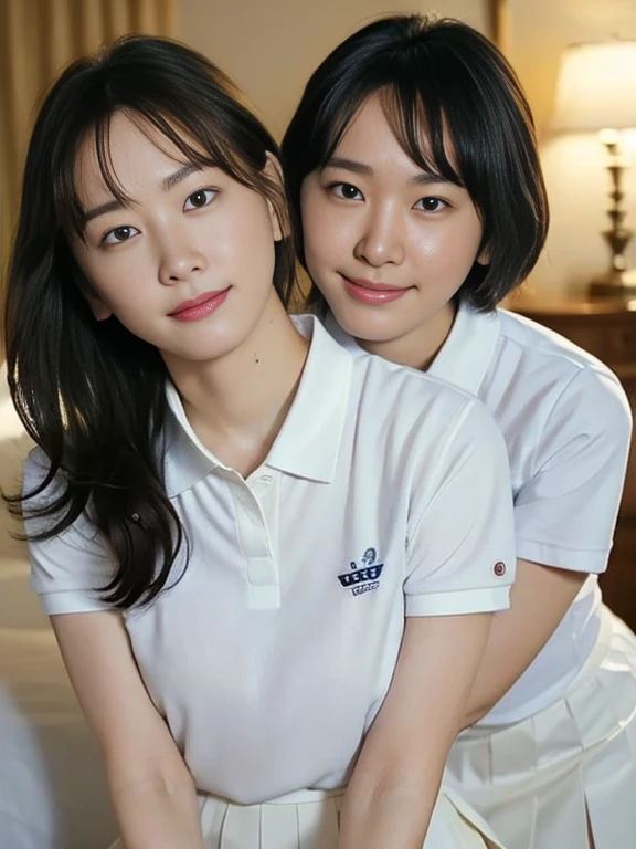 (Masterpiece, Best quality:1.3), (Ultra realistic, Photo-realistic:1.2), Natural light, 28 years old actress, Japanese beautiful 2 women, Neat and clean, (White tennis uniform, White short-sleeve polo shirt with darknavy line collar:1.1), (unbutton:1.2), (White pleated skirt:1.1), (damaged:1.1), white sock, (ponytail:1.2), (Beautiful faces), Oval face, clear, Beautiful eyes, Kind eyes, Clear skin, Small face, Beautiful mouth, Small mouth, Natural makeup, Approachable, Seductive smile, (Seductive pose:1.2), Beautiful thighs, Bedroom eyes, Embarrassed, Blush, Luxury hotel Suite room, On bed, (nsfw:1.1), obscene reality of girls, (lesbian couple, petting together:1.2), looking at each other, grabbing crotch, erotic hug,