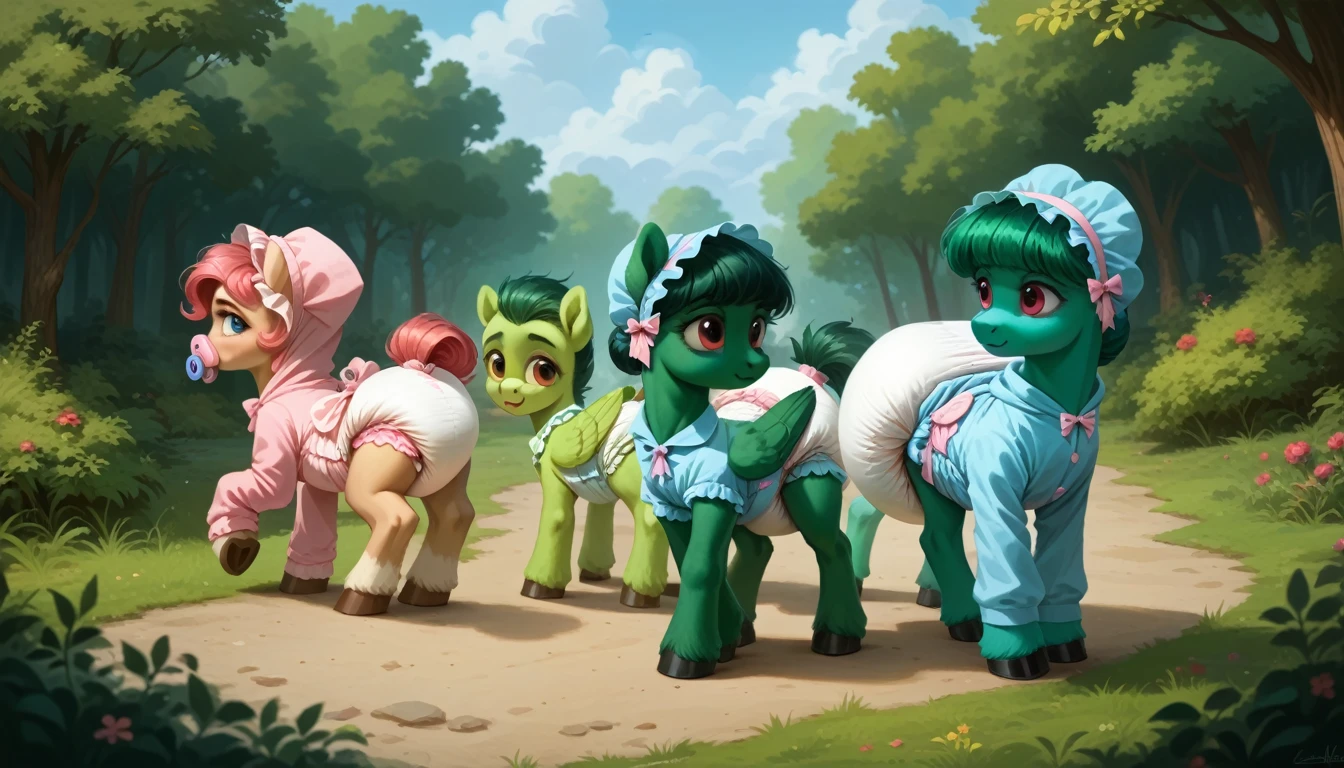 pony, Pegasus, adult filly, emerald green fur, a lush mane, gathered in a bonnet, a fluffy tail with a bow, stands on four hooves, rear hooves spread wide apart, dressed in a onesie and booties, pacifier in mouth, solo, thick diaper under clothes, bulge on the back of the diaper, between the hind hooves and on the front of the diaper, saggy diaper.