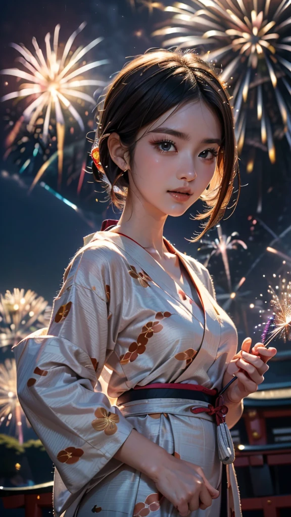 (((HD photo))), ultra high res.photorealistic:. 1.4, UHD, masterpiece, trending on artstation, portrait, (1woman) , pretty, cute face, most beautiful in the world, soft, delicate, (brown hair, sleek short pixie cut ), cute large breasts, (wearing detailed very elegant printed Yukata ), (Japanese traditional summer festival :1.4, fireworks, night:2), examination, (standing with attractive facial expression at camera, (holding a japanese paper round fan)) , bare your facial expression ), (beautiful romantic night ),((shoot from front))