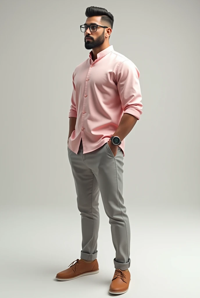 Smart athletic body,  man with light  smart small Beard with smart look wearing light baby pink chinese standing collar shirt sleeves folder with light gray pants with light brown shoes. Watch in left hand. Realistic image with glasses. Full body image.