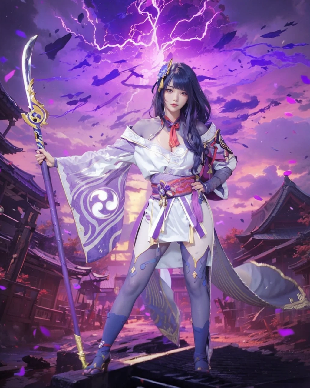 (RAIDEN SHOGUN_GENSHIN IMPACT),((realistic, photorealistic)),(highlight hair)), Light reflection, (( HD )),((upper body)), (((best quality, masterpiece))), (masterpiece) (best quality) (detail) (8k) (HDR) (wallpaper) (cinematic lighting) (sharp focuasterpiece, best quality: 1.1), Real life adaption of this character, Asian teen beauty face, Shining Purple eyes, realistic outfit, realistic shadow, realistic light, realism, hyper realistic, realistic background,(photorealistic:1.2), 1girl,masterpiece, best quality, 1girl, shogunpuppet,  solo, thunder, stormy sky, ELECTRICITY, purple waves, cowboy shot,raidenshogundef, upper body, smile, blush, outdoors, day, blue sky, sky, temple, looking at viewer, stairs, mountain, moody lighting, facing viewer,Japanese temple background, lightning sky, flying cherry blossoms, floating robes, purple hair,Electric sword stick
