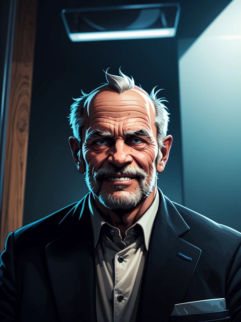 a portrait of an old man wearing a suit, upperbody, standing in a office, cinematic, smile, mwvector, 8k, high quality, detailed wrinkles, detailed facial features, detailed texture, cinematic lighting,  moody color palette, warm tones