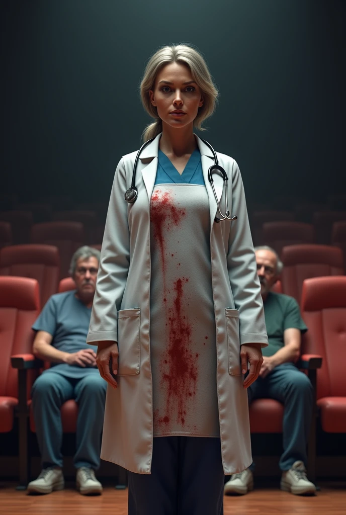 Create a realistic 3D image of a female doctor and blood stains on the her apron.inside an auditorium and her mom dad is crying