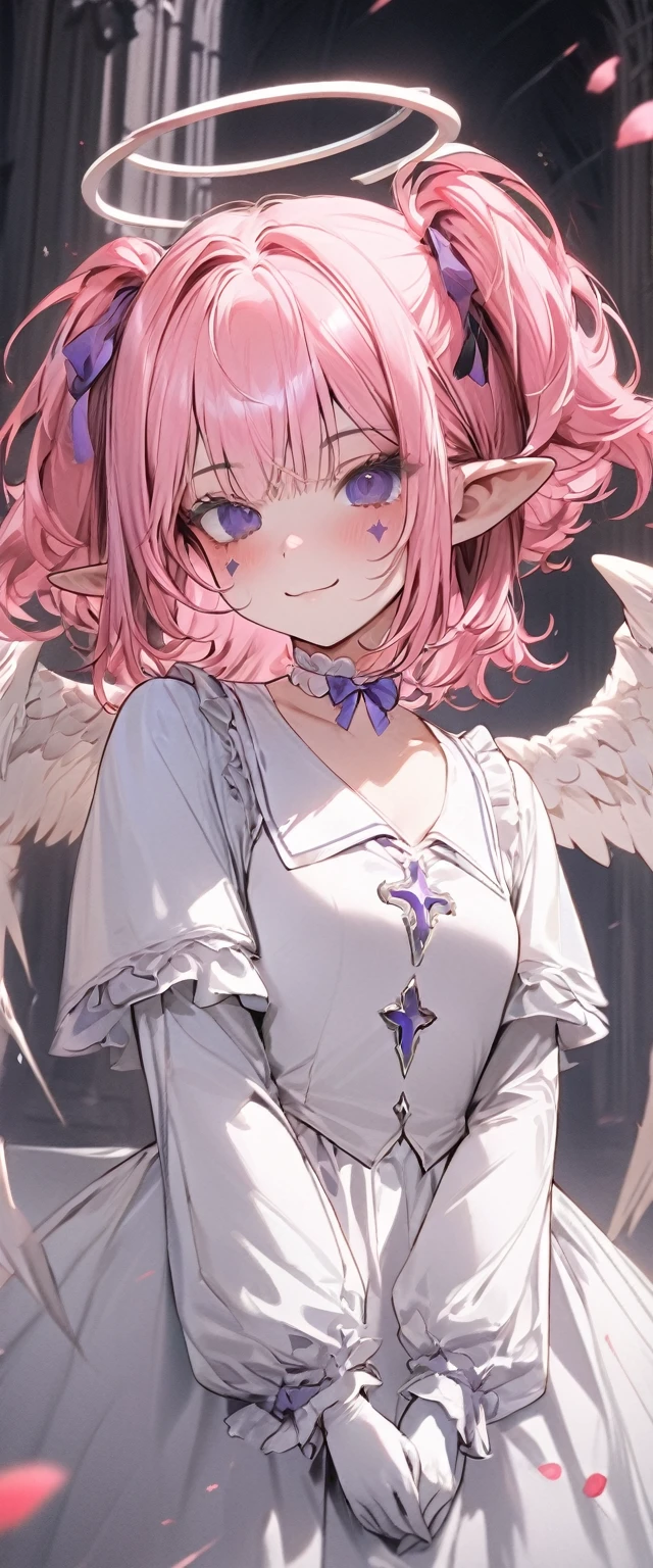 UHD, masterpiece, best quality, extremely detailed, anatomically correct, sharp focus, Midnight, gloomy atmosphere, Church, altar isle, 1girl, solo, camilavtuber, pink hair, short hair, shoulder length hair, curly hair, (white angel head wings:1.2), (twin ponytail), dark purple eyes:1.1, (facial mark), small mouth, closed mouth, smiling, crucifix choker, white arm sleeves, slim arms, white gloves, small chest, 1 angel wing, single wing, ((long white gown)), frilly gown, slim legs, white stockings, (white high heels), (full body) , (close-up), innocent pose, eye-level shot, front view, innocent pose, scattered pink petals