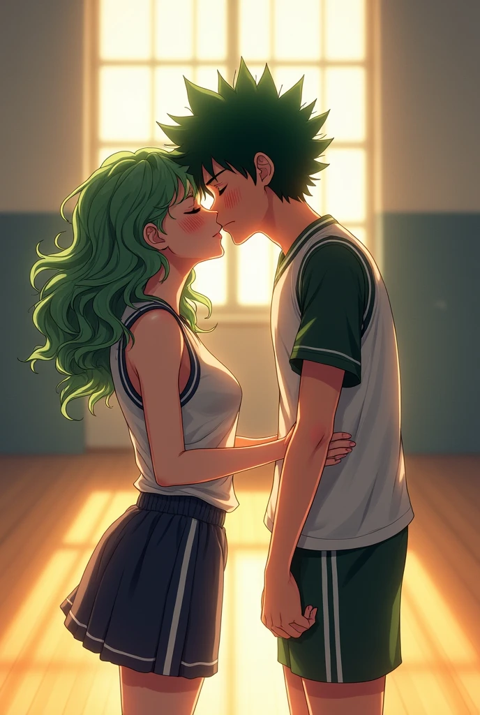 Izuku Midoriya (female with curly hair), Who kisses Katsuki Bakugo (male), en tenue de sport et dans un gymnase, High school students , du style manga