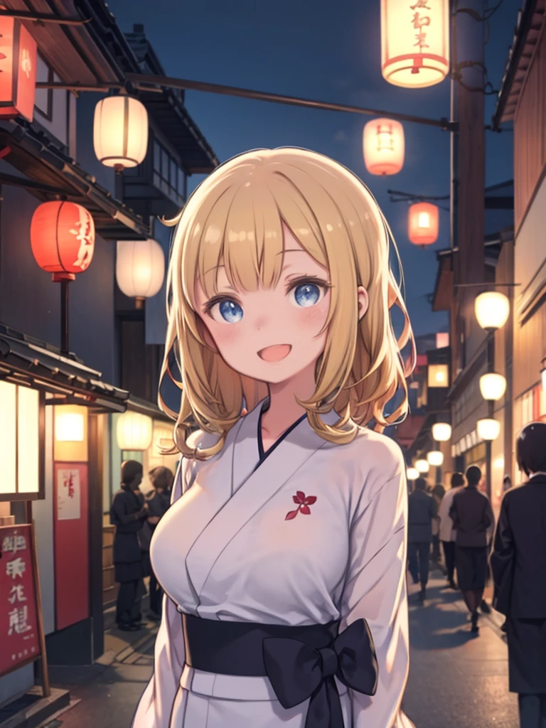 One Girl、Blonde、Wavy Hair、Blue Eyes、smile、Open your mouth a little、Japanese post town、Yukata、smilingly、Walking the city at night、Upper Body、Watching the audience、Big Breasts、