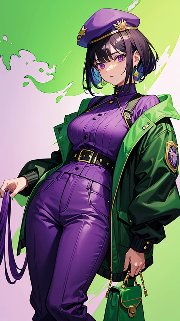 black hair woman,Sour green and bright violet outfit,bag with pockets,sour green beret,purple lenses,purple pants,extravagant pose with spilled paintings background