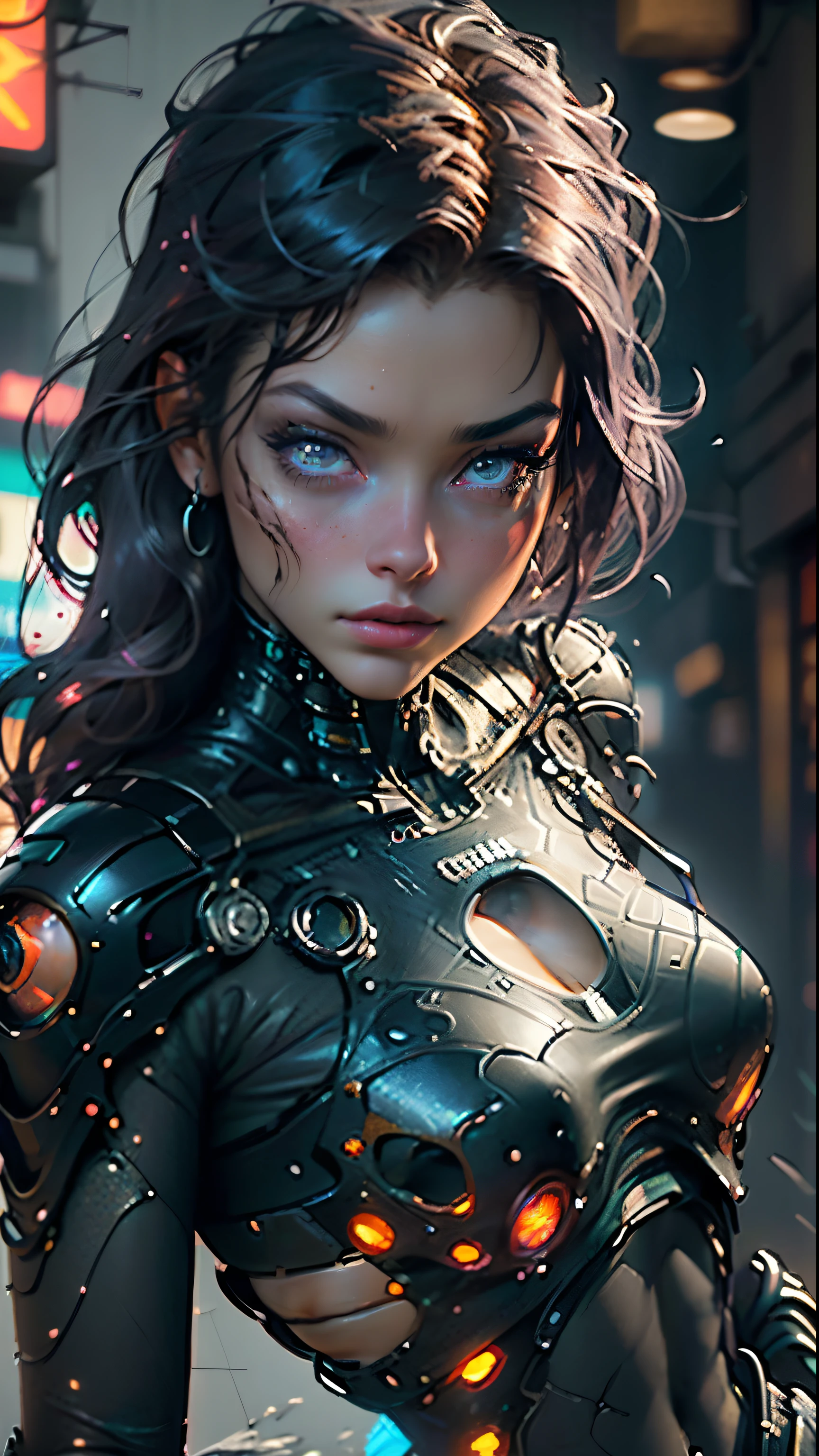 Woman with muscular thighs, body parts, Wear short, Beautiful and delicate eyes, Beautiful and delicate lips, Extremely detailed face, Long eyelashes, Surrealism, Octane Rendering, Movie Lighting, Dramatic Colors, Chiaroscuro, Cyberpunk, Neon lights, Industrial, 8K, high resolution, masterpiece