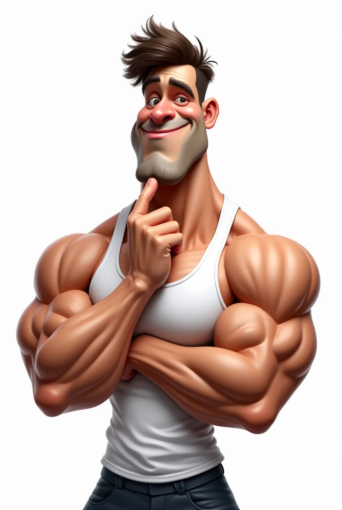 Caricature, handsome man, touching his chin, semi-realtic, neutral face, huge muscles, wearing a white tank top, muscles ,huge pectoral, white background