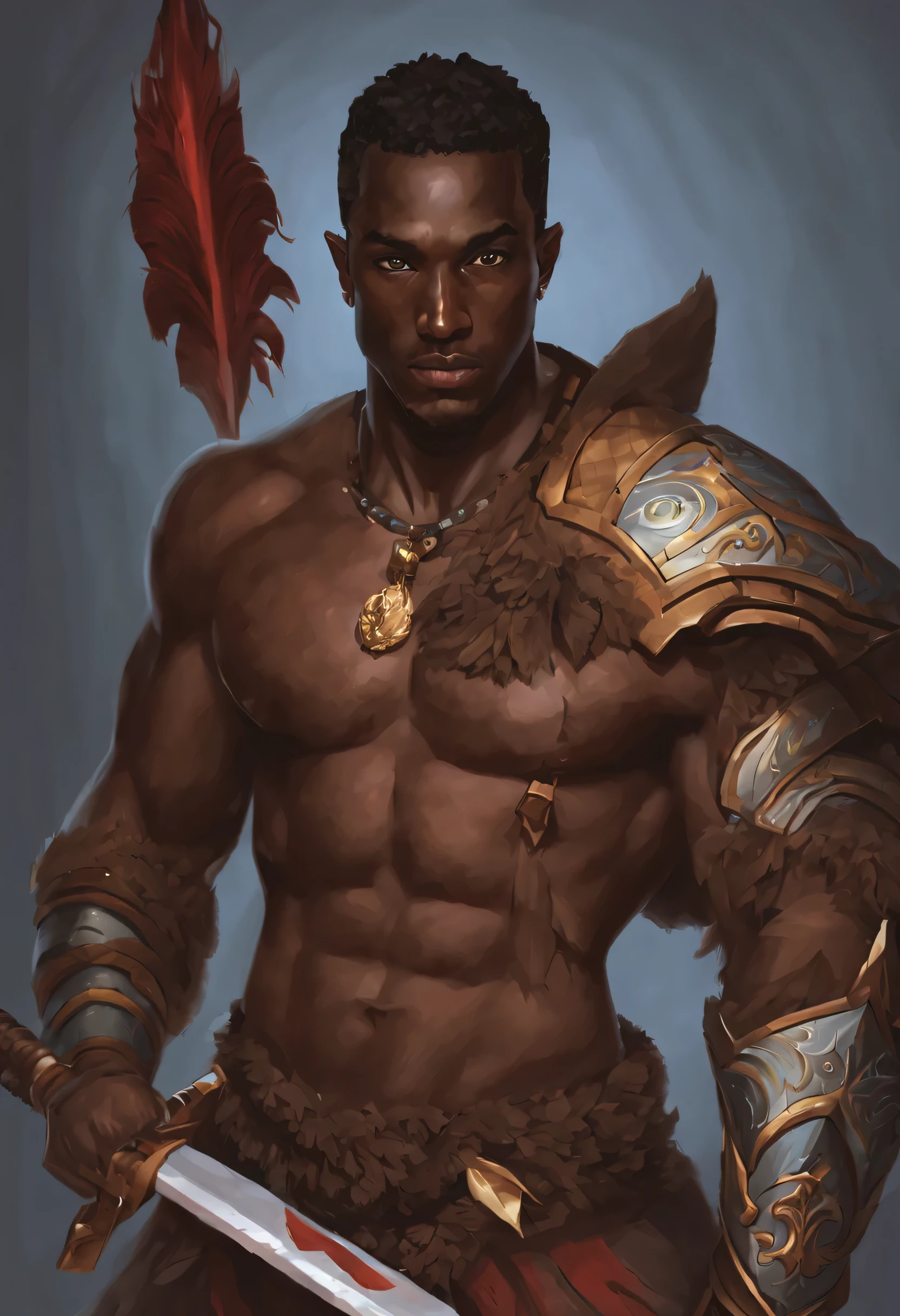 (Masterpiece artwork,Superior Quority,best qualityer),pix,pixelart,o elfo,lesbian full body,(darkskin),pectoral muscle,abdomen,(handsome man),long spear,guerreiros
