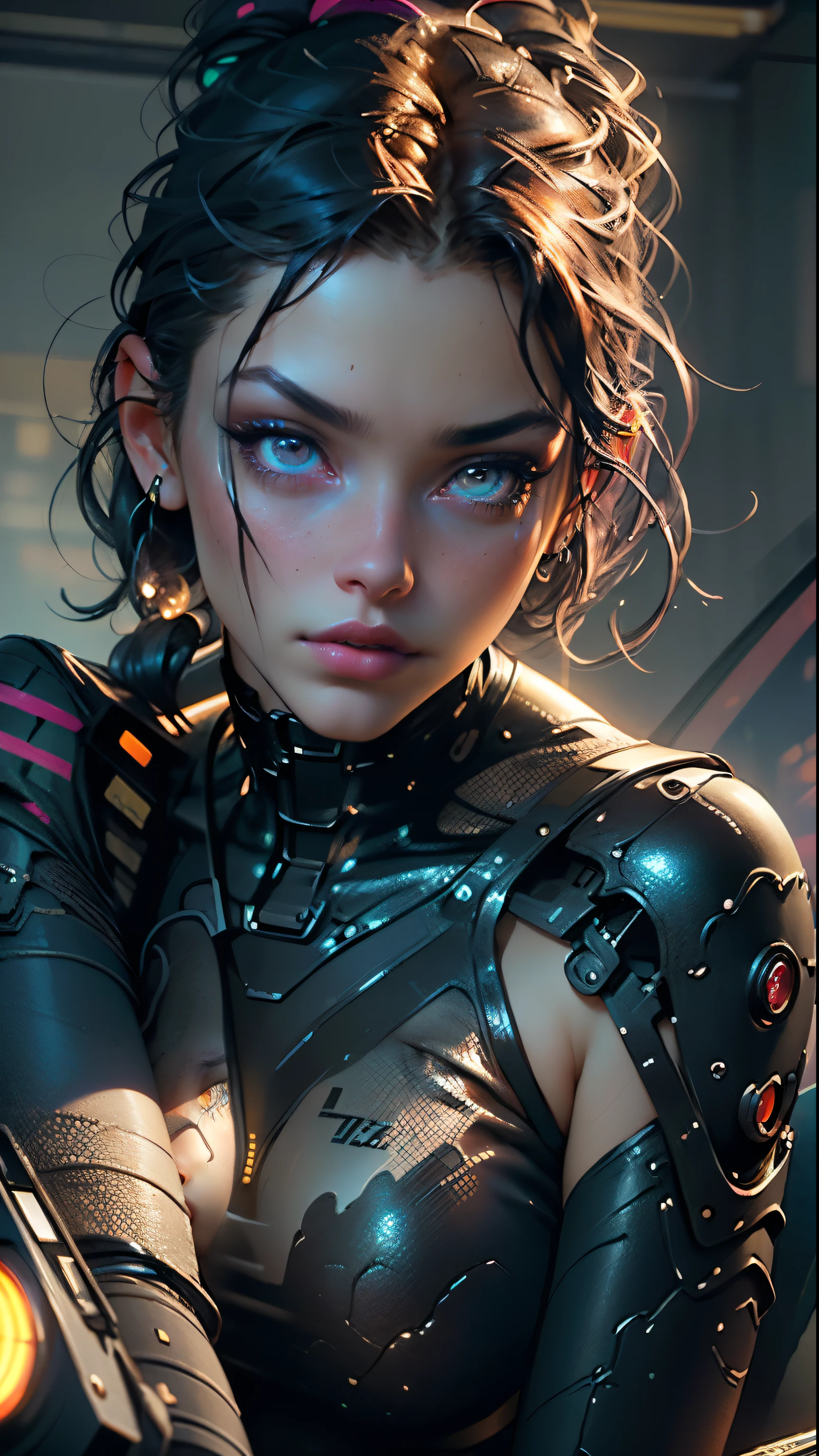 Woman with muscular thighs, body parts, Wear short, Beautiful and delicate eyes, Beautiful and delicate lips, Extremely detailed face, Long eyelashes, Surrealism, Octane Rendering, Movie Lighting, Dramatic Colors, Chiaroscuro, Cyberpunk, Neon lights, Industrial, 8K, high resolution, masterpiece