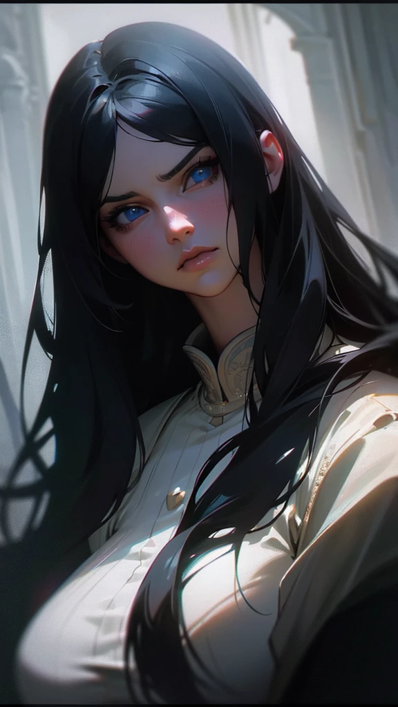 a girl with long black hair, beautiful detailed eyes, blue eyes, beautiful detailed lips, beautiful detailed face, large breasts, intricate detailed portrait, photorealistic, cinematic lighting, dramatic high contrast lighting, highly detailed, 8k, ultra-realistic, oil painting, masterpiece, cinematic, dramatic, chiaroscuro, dramatic mood, dramatic atmosphere