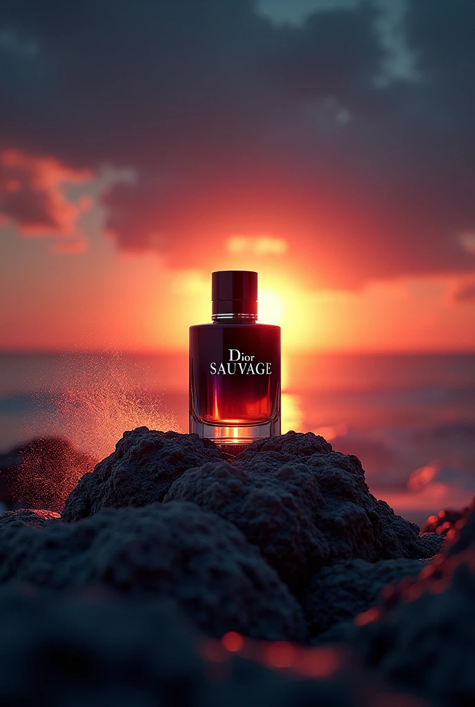A Dior Sauvage perfume bottle surrounded by natural elements like wind, rocks, and a vibrant sunset, with a silent night as the backdrop."