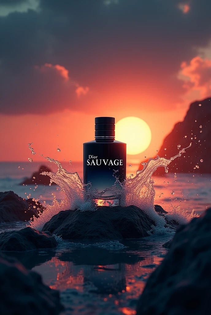 A Dior Sauvage perfume bottle surrounded by natural elements like wind, rocks, and a vibrant sunset, with a silent night as the backdrop."