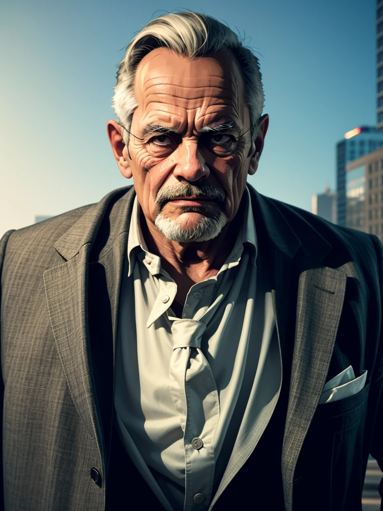 a portrait of an old man wearing a suit, upperbody, standing in a city background, mwvector, 8k, high quality, photorealistic, detailed wrinkles, detailed facial features, detailed texture, cinematic lighting, dramatic shadows, moody color palette, warm tones