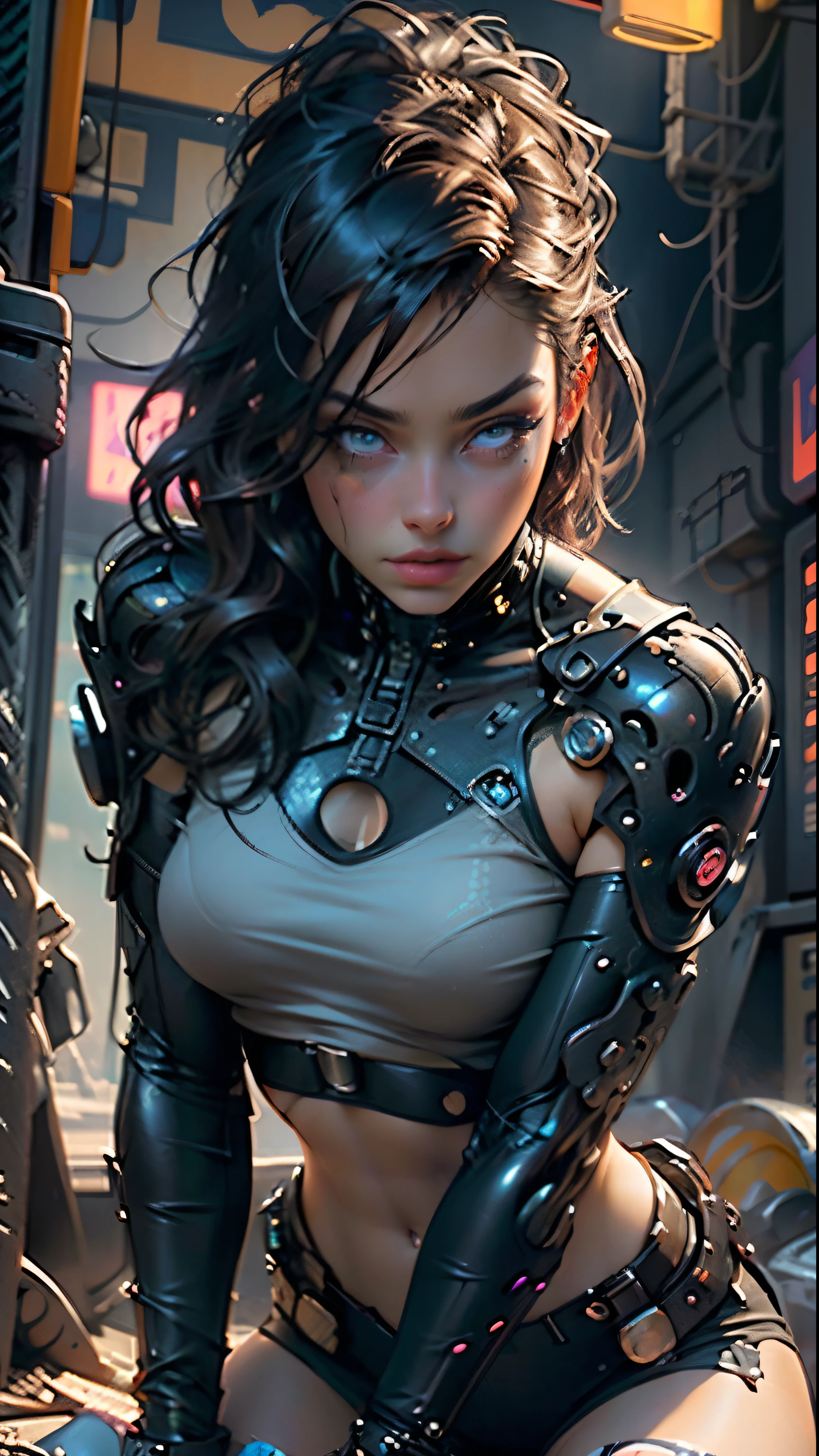 Woman with muscular thighs, body parts, Wear short, Beautiful and delicate eyes, Beautiful and delicate lips, Extremely detailed face, Long eyelashes, Surrealism, Octane Rendering, Movie Lighting, Dramatic Colors, Chiaroscuro, Cyberpunk, Neon lights, Industrial, 8K, high resolution, masterpiece,whole body,A sexy woman with well-developed thigh muscles