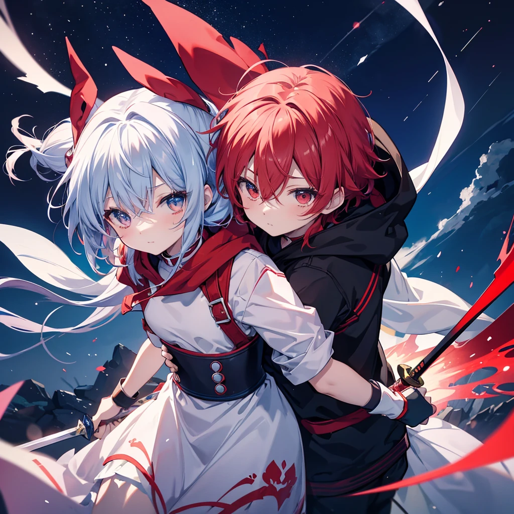 Please create an anime-style chibi character。Requirements are as follows。One is characterized by red and the other by blue。They are each wearing a hood.。They are carrying swords。They are in a relationship where they can rely on each other's backs。The background is a moonlit night.。