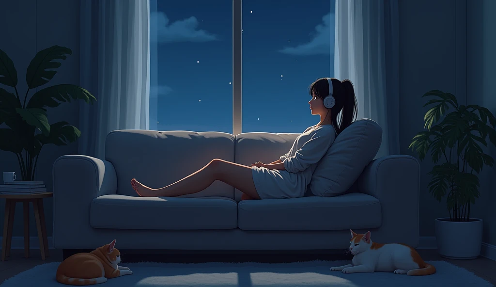 room，Woman sitting on sofa，look out、2D anime style，The cat is lying on the floor.、night、dark、I have headphones on、