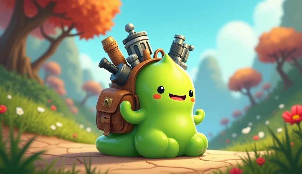 OC Rendering,3d design,best quality,Cute green slime,A cartoon bag with a bunch of weapons,Clear outline,Picture quality HD,Ultra-clear picture quality,Deep Depth of Field,Game Art, 2d Game Art,Gorgeous background
