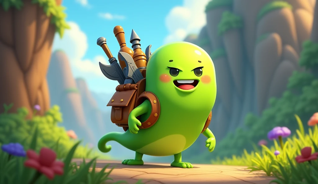 OC Rendering，3d design，best quality，Cute green slime，A cartoon bag with a bunch of weapons，Clear outline，Picture quality HD，Ultra-clear picture quality，Deep Depth of Field，Game Art, 2d Game Art，Gorgeous background