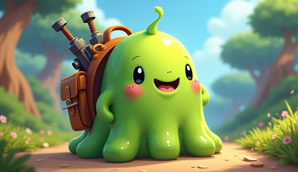 OC Rendering,3d design,best quality,Cute green slime,A cartoon bag with a bunch of weapons,Clear outline,Picture quality HD,Ultra-clear picture quality,Deep Depth of Field,Game Art, 2d Game Art,Gorgeous background