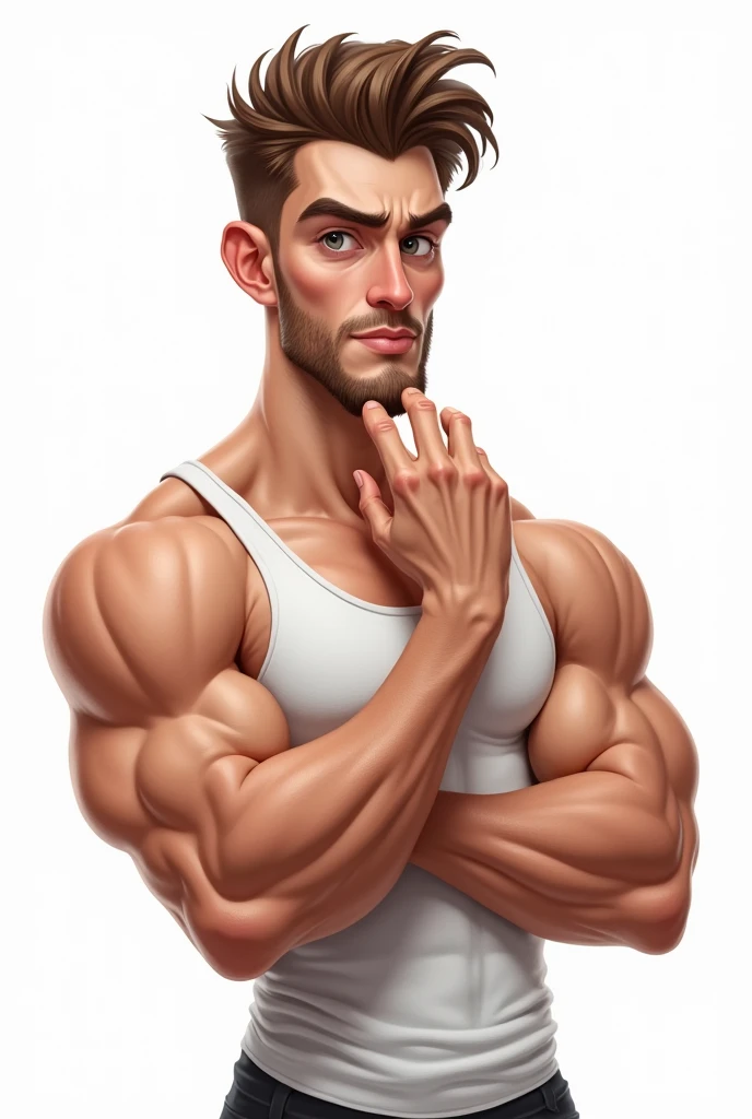 Caricature, handsome man, touching his chin, semi-realtic, neutral face, huge muscles, wearing a white tank top, muscles ,huge pectoral, white background