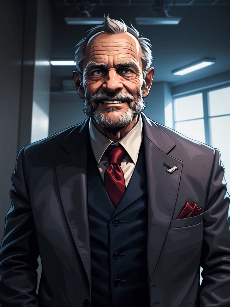 a portrait of an old man wearing a suit, upperbody, standing in a office, cinematic, smile, mwvector, 8k, high quality, detailed wrinkles, detailed facial features, detailed texture, cinematic lighting, moody color palette, warm tones
