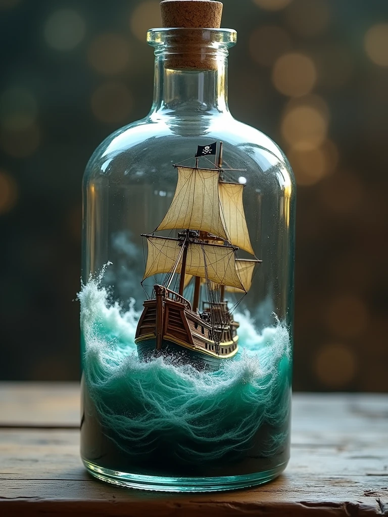 A hyper-realistic photograph of a pirate ship sailing through turbulent waters inside a glass bottle. The ship is adorned with the famous Jolly Roger flag and has rows of cannons visible along its side. The bottle rests on a wooden surface, with the grain of the wood adding to the rich detail of the scene. A bokeh effect is applied, blurring the background to bring the ship and bottle into sharp focus. The aspect ratio is 3:4, enhancing the composition’s elegance and balance
