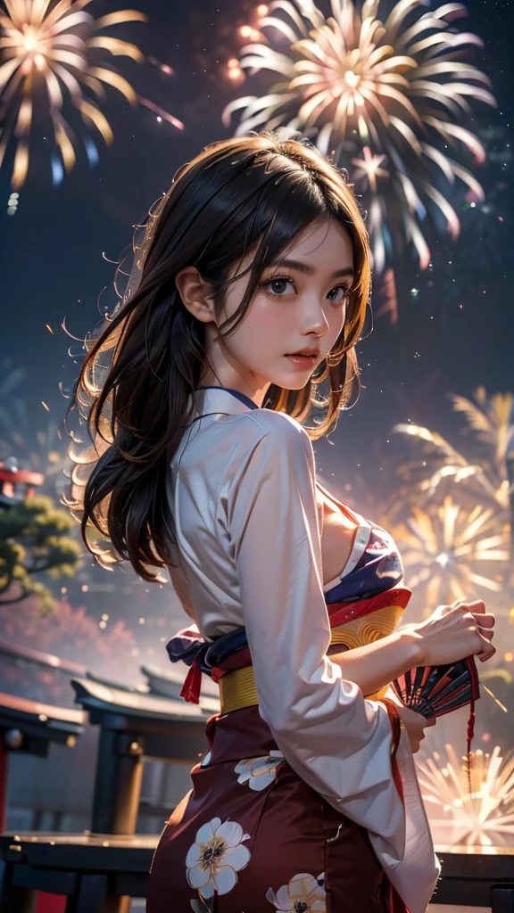 (((HD photo))), ultra high res.photorealistic:. 1.4, UHD, masterpiece, trending on artstation, portrait, (1woman) , pretty, cute face, most beautiful in the world, soft, delicate, (brown hair, sleek short pixie cut ), cute large breasts, (wearing detailed very elegant Yukata ), (Japanese traditional summer festival :1.4, fireworks, night:2), examination, (standing with looking back attractive facial expression at camera, ((holding a japanese paper round fan))) , bare your facial expression ), (beautiful romantic night ),((shoot from front))