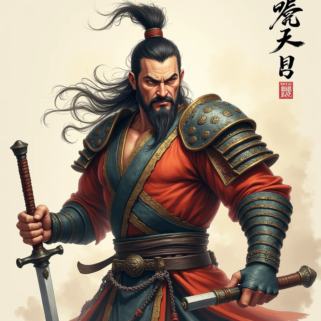Ink Painting,Military commander,Three Kingdoms,realism,Watercolor,雄叫びをあげる勇まShii将軍,Muscular and rough々Shii,Prepared to die,zhangfei,Biceps,shock wave,Round face and bulging eyes,Shouting threats towards here,Backlit majesty々,Tiger-like whiskers,Gatekeeper of Hell,My eyes are hot,Estimated 30 years old