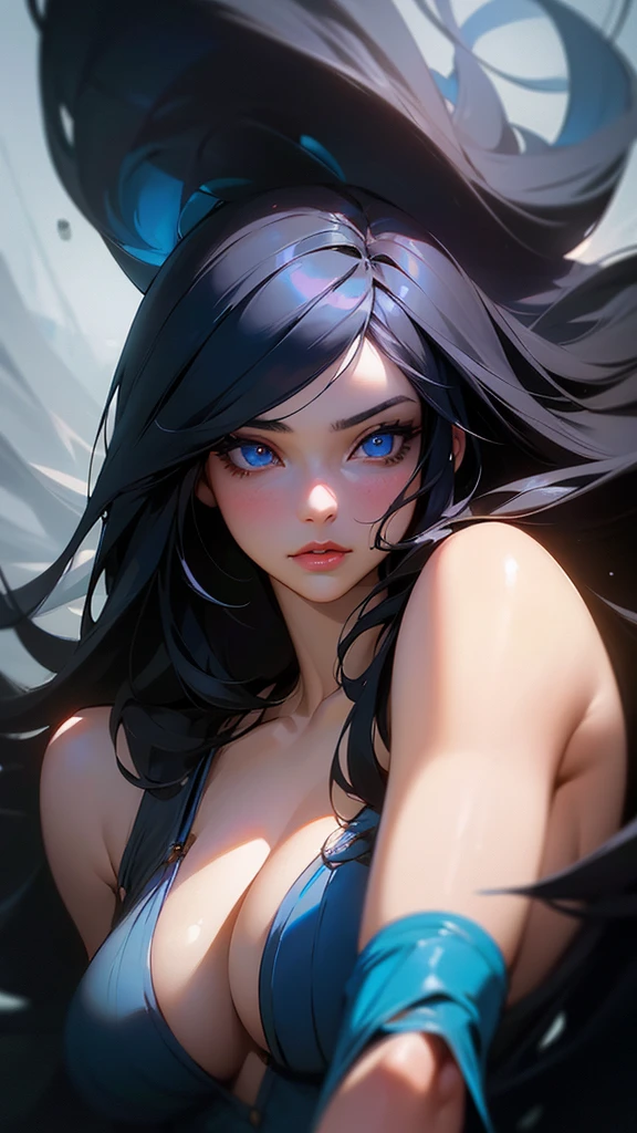 A beautiful girl with long flowing black hair, (detailed eyes, beautiful blue eyes, detailed lips, detailed face:1.2), large breasts, serene expression, realistic portrait, high quality, masterpiece, 8k, photorealistic, hyper detailed, studio lighting, dramatic lighting, vibrant colors, cinematic