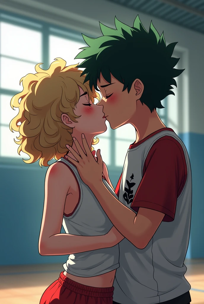 Izuku Midoriya (female with curly hair), Who kisses Katsuki Bakugo (male), en tenue de sport et dans un gymnase, High school students , du style manga