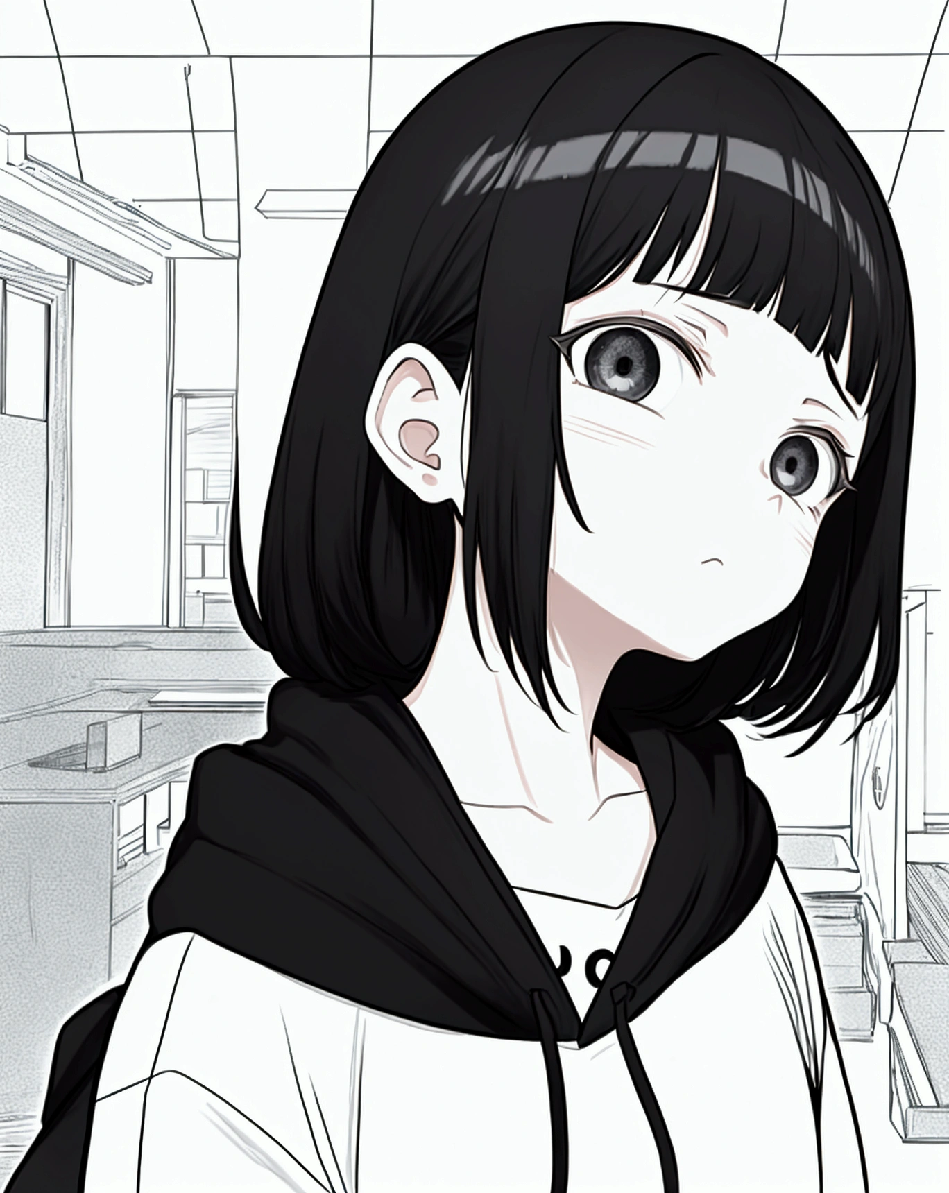 -yeld yo girl with black eyes and black bobbed hair wearing a black oversized hoodie. Japanese animation character. Background is the president's office. She is looking at us with a cold gaze and a quizzical expression. Her body is facing the far right. Only her face is facing us. Face tilted slightly downwards.