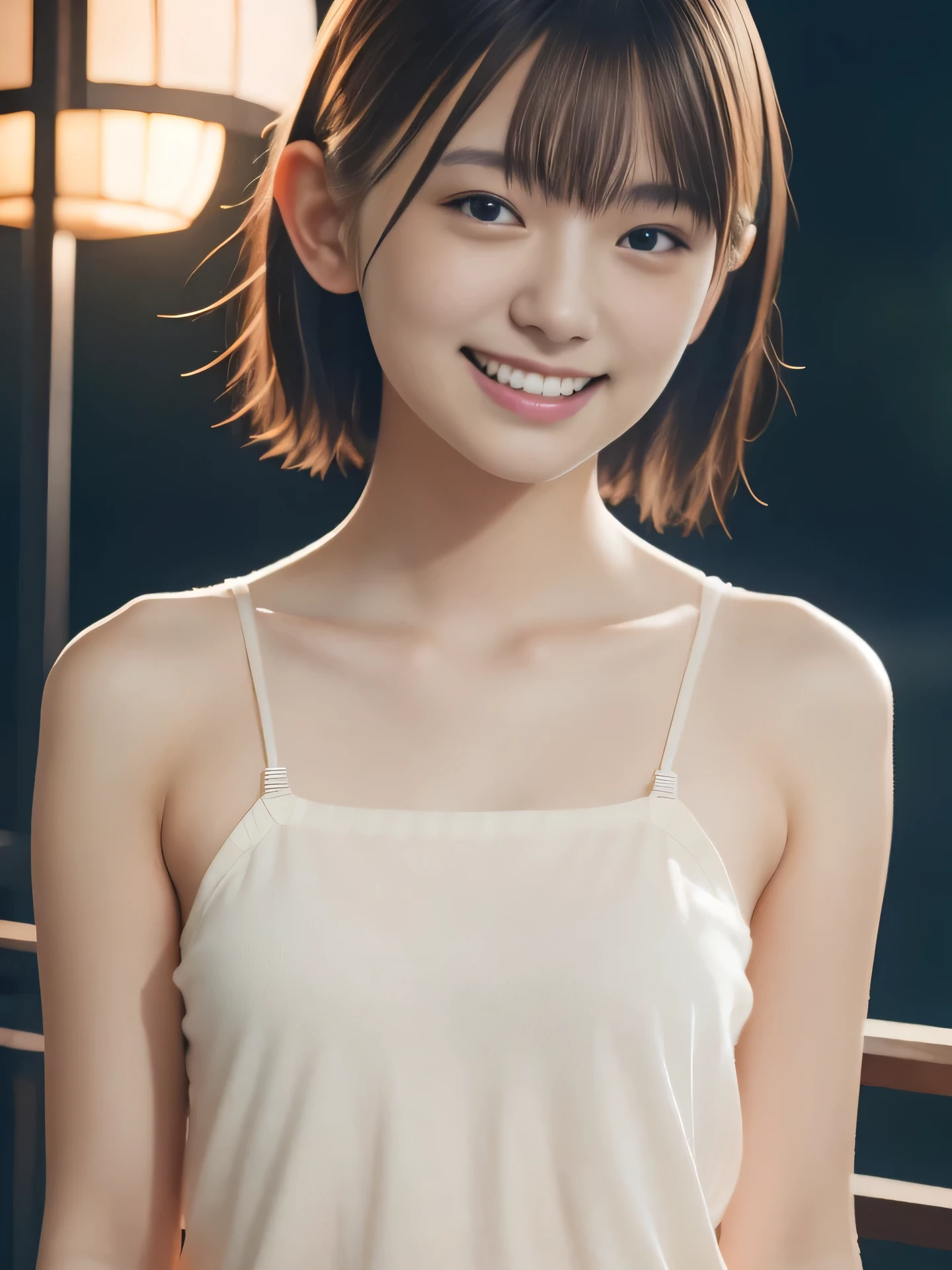 high resolution, Raw photo, Photorealistic, Extremely delicate and beautiful, Extremely detailed, finely detail, Highly detailed CG Unity 8k wallpaper, Ultra-detailed, (Best Quality, 8K, 32K, masterpiece, UHD:1.2), Photo of 17yo Pretty Japanese model, short hair, grin, bare shoulders, blurry night view,