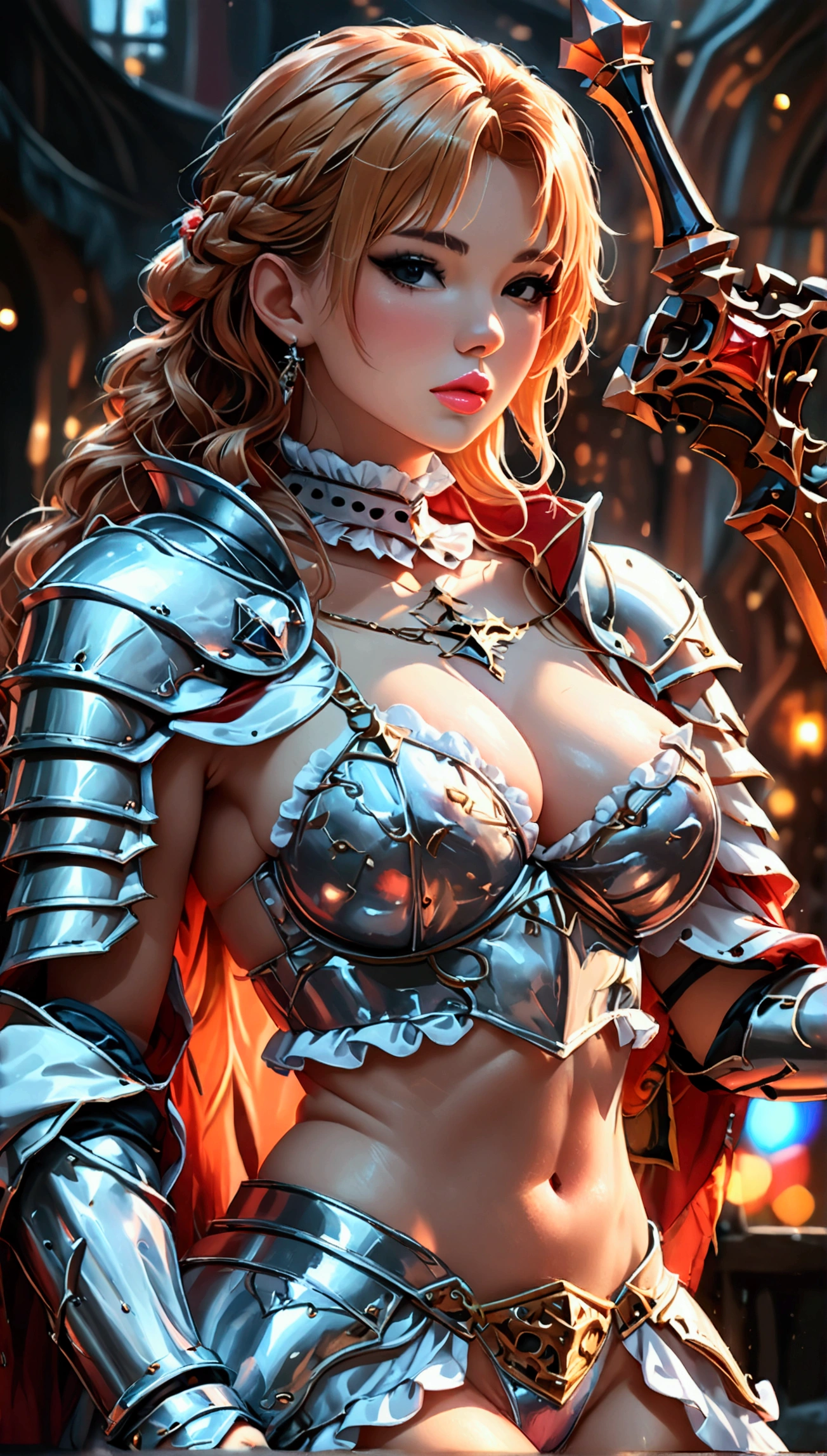 (Hot bimbo female teutonic knight), busty, (curvy), fit, hyper sexualized, ((beautiful)), attractive, perfect sexy appearance, raunchy, (slutty), ((perfect)), sexy proportions, mostly naked, red juicy lips, small waist, armored frilly micro bra, armored frilly ahoulder pads, frilly choker, armored frilly micro corset, frilly micro high rise thong, frilly armored leggings, ornate outfit details, knight helm, holding greatsword, sexy naked hips, hip cleavage, sexy perfect midsection, voluptuous round sexy ass, voluptuous shapely breasts, underboob, max quality, max detail, ((photorealistic)), vibrant aura, smooth shiny skin, sexy lighting, steakpunk background, smooth clean lines, ultra textured, ultra detailed, highest resolution, maximum quality, perfect, max detail, vivid colors, max texture, energetic composition, dramatic lighting, crystal clear, d perspective, high contrast, seamlessly blended, chromatic aberration, subpixel precision, bokeh effect depth art, anamorphic perspective, hdr high dynamic range, photorealistic rendering, spectral color graded, photometric lighting, ethereal