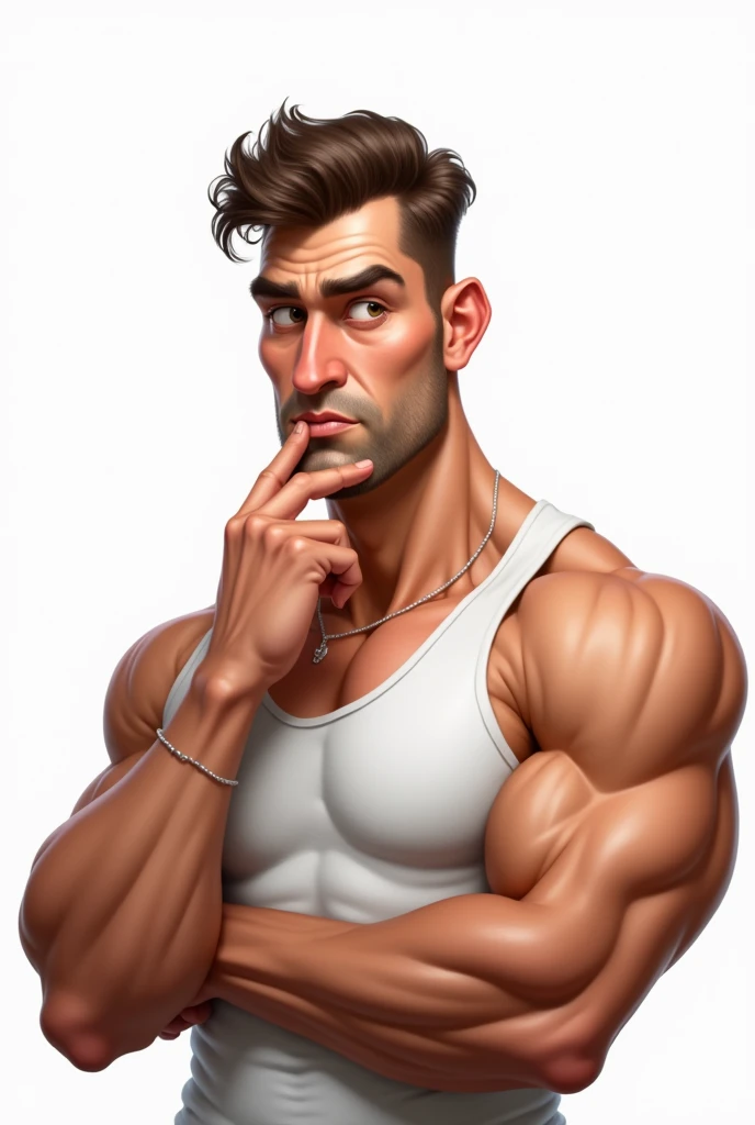 Caricature, handsome man, touching his chin, think ing,semi-realtic, neutral face, huge muscles, wearing a white tank top, muscles ,huge pectoral, white background