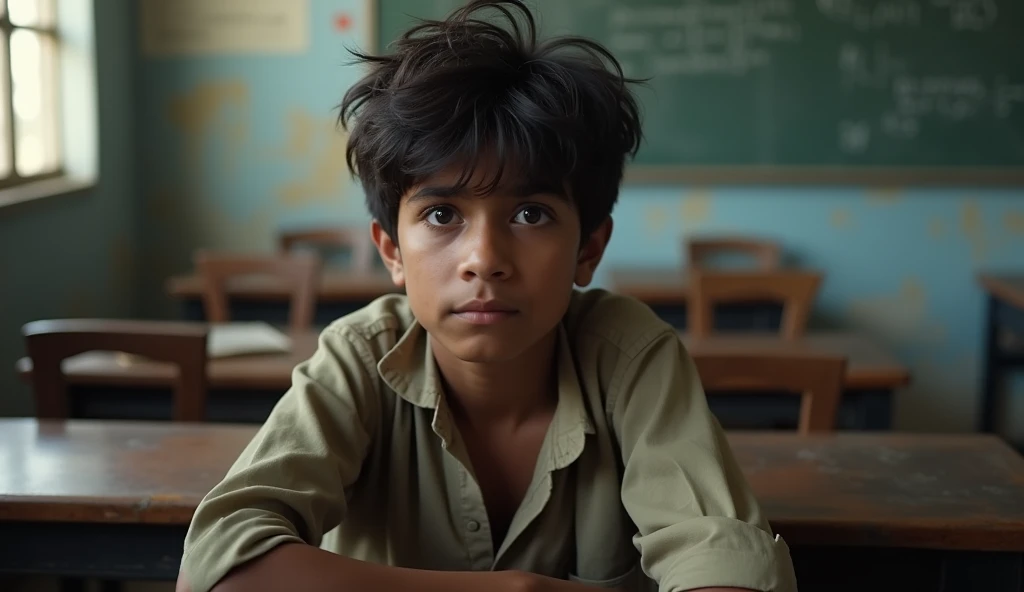 A poor 20 year old boy is sitting in the class room, looking forward, his hair is scattered, he is very sad, he is a student of India, the background is blurred
