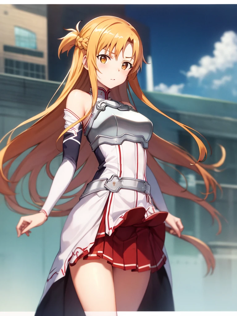 Asuna yuki(Sword Art Online), Dynamic Angle, Long bronze hair,Braiding,Brown eyes,Beautiful Eyes,Big bust line,Roll Forward,Armature,breastplate,Long sleeve white shirt,Removed sleeve,Red and white skirt,Pleated skirt,Real,Her slim legs are really cute.,Very beautiful long legs.,White thighs,garter,Perfect body,Real,Are standing,Lean forward slightly,city,Skirt Lift, White embroidered panties,