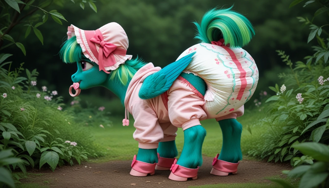 pony, Pegasus, adult filly, emerald green fur, a lush mane, gathered in a light pink bonnet, fluffy tail with a pink bow, stands on four hooves, rear hooves spread wide apart, dressed in a pink onesie and pink booties, pink pacifier in mouth, solo, thick light pink diaper under clothes, bulge on the back of the diaper, between the hind hooves and on the front of the diaper, saggy diaper.