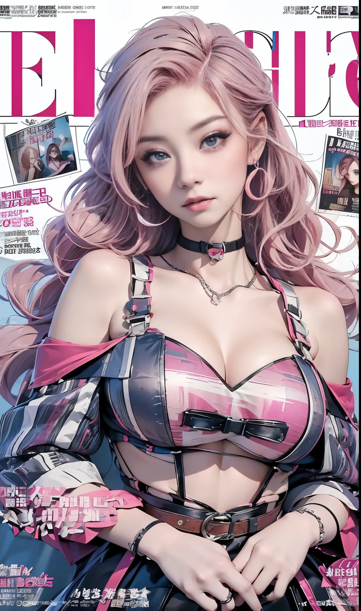 best quality, masterpiece, high resolution, A girl, Super beautiful face, Very beautiful eyes, Very nice pink hair，(magazine cover:1.2)，popular Harajuku style rock fashion，Show your shoulders, emphasis Super huge Very huge , I can see her cleavage 