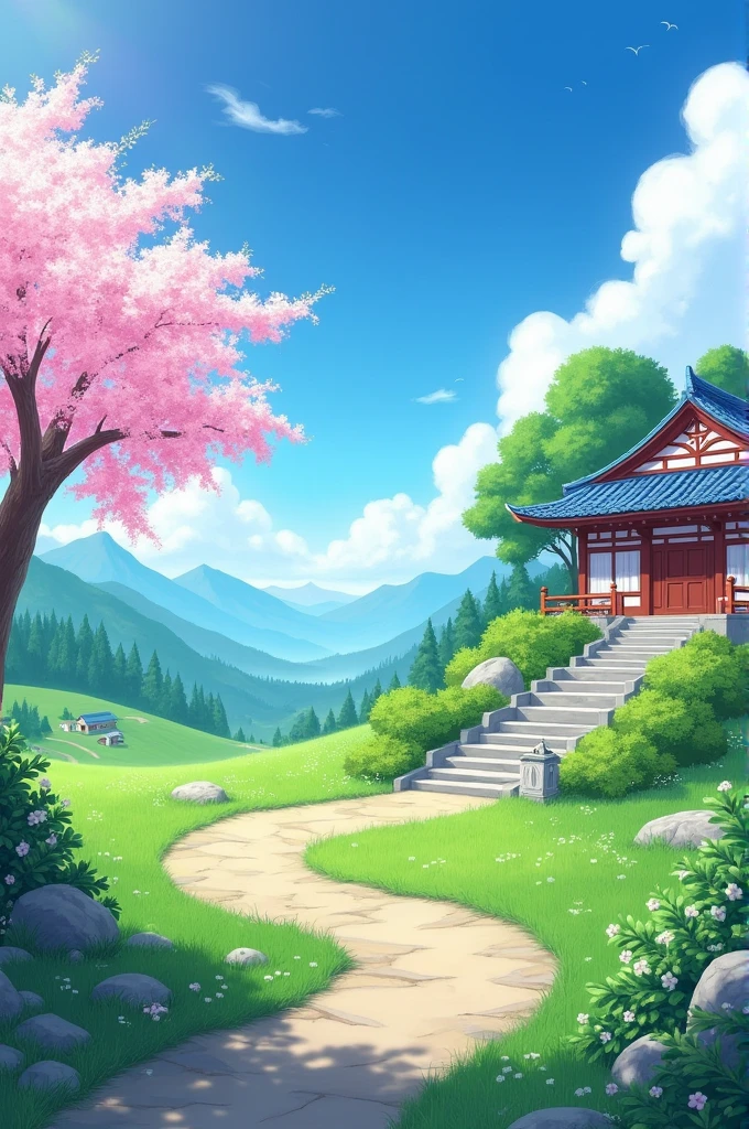 no_humans, outdoors, tree, flower, scenery, sky, day, blue_sky, cherry_blossoms, stairs, cloud, grass, house, pink_flower, fence, plant, architecture, building, east_asian_architecture, watermark