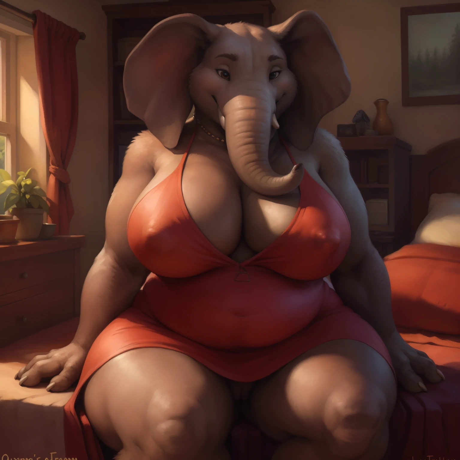 solo, a beautiful and detailed full size portrait of a female anthro elephant, (((Meena's Mother))), front shot, front view, shy, big body, sexy body, fat body, chubby body, (natural curvy body proportions:1.15). (wide body). goddess, kenket, Ross Tran,ruan jia, trending on artstation,foxovh, cenematic lighting, looking at viewer, bedroom, sitting on bed, seductive, vagina, nipple outline, big boobs, big , big , big butt, ((red dress, jewlery)), smile, bedroom