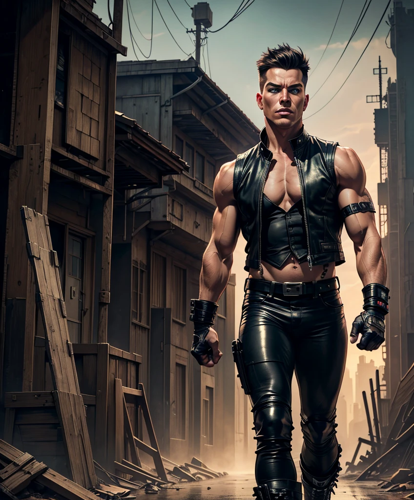 (((Full-length shot))),((Best quality)), ((masterpiece)),(detailed),very muscular build.., wears an open black leather vest on a naked body.., black leather gloves,tight leather pants and heavy boots,Instead of a right arm, a terminator-style prosthesis, He has the appearance of a punk rocker.Hyper-realistic close-up photo of a age boy, blue eyes,short light hair,SFW,FANTASIA,COMICS,(Photorealism: 1.4), Create dystopian masterpieces. Post-apocalyptic world. Pay attention to small details, sharp focus. The palms of the hands are clenched into fists.