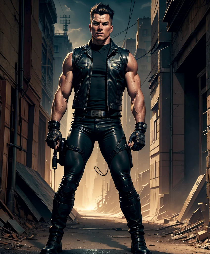 (((Full-length shot))),((Best quality)), ((masterpiece)),(detailed),very muscular build.., wears an open black leather vest on a naked body.., black leather gloves,tight leather pants and heavy boots,Instead of a right arm, a terminator-style prosthesis, He has the appearance of a punk rocker.Hyper-realistic close-up photo of a  boy, blue eyes,short light hair,SFW,FANTASIA,COMICS,(Photorealism: 1.4), Create dystopian masterpieces. Post-apocalyptic world. Pay attention to small details, sharp focus. The palms of the hands are clenched into fists.