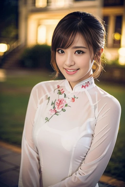 (a gorgeous Vietnamese lady, Youthful & feminine, Vietnamese traditional dress Ao Dai, lying in hed, and pretending to sleep,

Seduction expression, very beautiful face, very detailed face, very detailed eyes, beautiful detailed eyes,  dimples, kind smile, cute snaggle-tooth, short ponytail, short bob cut, bangs, ample round bosom, huge breasts,

Vivid colours, Face focus, photorealistic, hyper-realism, high contrast, ultra HD, realistic skin textures, top image quality, top-quality, super high resolution, fine details, very meticulously, masterpiece, high_angle shot, full body shot, the Cowboy shot, romantic atmosphere, bokeh night background)