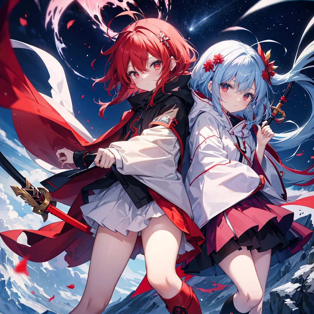 masterpiece, best quality, very aesthetic, absurdres, <lora:MikaPikazoXL_V1:1> wuxia, 2 girls, holding swords, fighting in chinese armor, clouds,, ribbons flying,