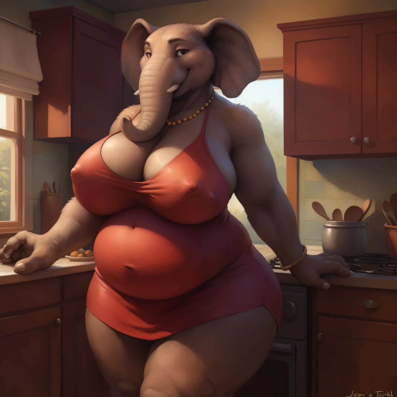 solo, a beautiful and detailed full size portrait of a female anthro elephant, (((Meena's Mother))), front shot, front view, shy, big body, sexy body, fat body, chubby body, (natural curvy body proportions:1.15). (wide body). goddess, kenket, Ross Tran,ruan jia, trending on artstation,foxovh, cenematic lighting, looking at viewer, kitchen, standing, seductive, underwear, nipple outline, big boobs, big , big , big butt, ((red dress, jewlery)), smile, bedroom