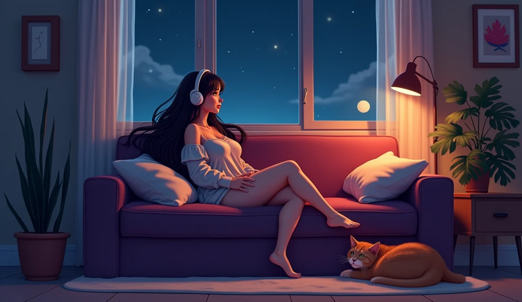room,Woman sitting on sofa,look out、2D anime style,The cat is lying on the floor.、night、dark、I have headphones on、Let your hair down、Big Breasts