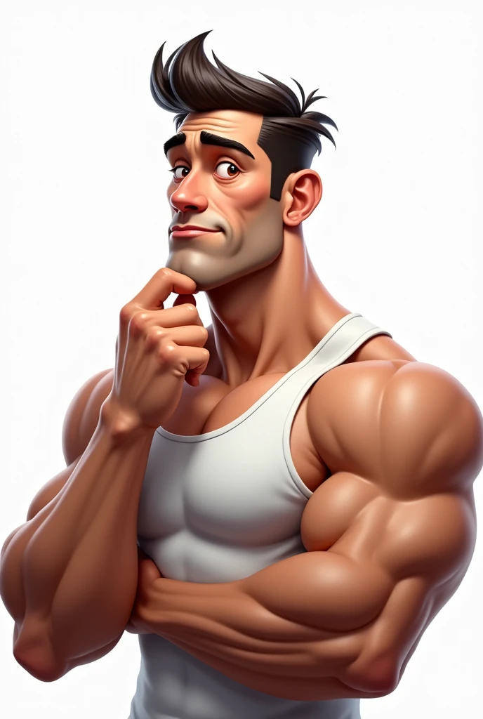 Caricature, handsome man, touching his chin, thinking,semi-realtic, neutral face, huge muscles, wearing a white tank top, muscles ,huge pectoral, white background