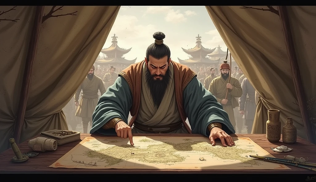 Warring States period，A military advisor sitting in a tent，There is a map in front of him，He holds a bamboo slip in his left hand，Right finger pointing